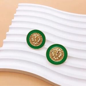 Gold plated Green and Gold Lion Medallion Earrings